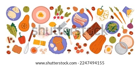 Food ingredients for cooking. Fresh vegetables, flour and sieve, bacon, grated cheese, toast bread, eggs, squash, tomato, kitchen tools set. Flat vector illustrations isolated on white background Royalty-Free Stock Photo #2247494155