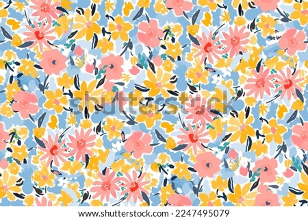 Cute feminine watercolor seamless pattern with wildflowers. Royalty-Free Stock Photo #2247495079