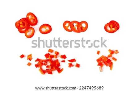 Chopped Chili Peppers Cut Isolated, Fresh Spicy Chilli Pepper Pieces, Red Hot Chili Peppers Parts on White Background Royalty-Free Stock Photo #2247495689