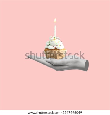 Contemporary art collage of hand holding a cupcake with a burning candle. Party time. Concept of birthday invitation design. Copy space for ad.
 Royalty-Free Stock Photo #2247496049