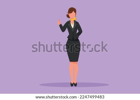 Cartoon flat style drawing female flight attendant standing in uniform with thumbs up gesture prepare at airport for flying and serve passenger to their destination. Graphic design vector illustration Royalty-Free Stock Photo #2247499483