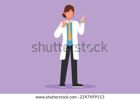 Graphic flat design drawing female scientist standing with thumbs up gesture and holding measuring tube filled with chemical liquid. Researching vaccine for pandemic. Cartoon style vector illustration