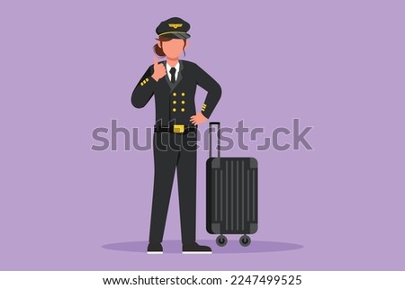 Character flat drawing of female pilot standing with thumbs up gesture with uniform, ready to riding or flying airplane for bringing passengers to their destination. Cartoon design vector illustration