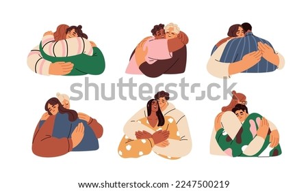 Happy people hugging set. Friends, couples, families embracing, cuddling. Love, support and trust in different relationships concept. Flat graphic vector illustrations isolated on white background Royalty-Free Stock Photo #2247500219