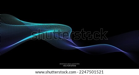 Flowing dot particles wave pattern blue and green gradient light isolated on black background. Vector in concept of AI technology, science, music. Royalty-Free Stock Photo #2247501521