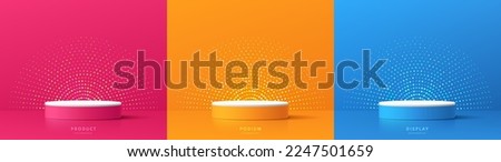 Set of 3d background with cylinder pedestal podium in pink, orange, blue with glowing glitter background. Abstract minimal wall scene mockup products display, Stage showcase. Vector geometric forms. Royalty-Free Stock Photo #2247501659