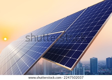 Solar panels and cityscape sunset in the background, Sustainable renewable energy.3D render
