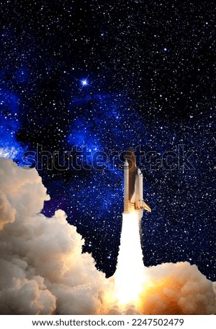 shuttle launch in the clouds to outer space. Dark space with stars on background.Spaceship flight. Elements of this image furnished by NASA
