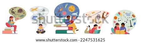 Children in Library, Back to School, Education, Knowledge Concept. Little Kids Reading Books, Boy and Girl Character Learning, Studying College or Preschool Classes. Cartoon Vector Illustration