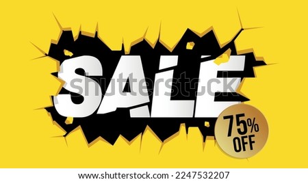 75% off. Yellow banner with seventy-five percent discount on a black balloon for mega big sales.