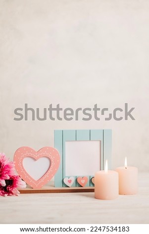 Beautiful mockup frame with heart shape of pink and blue colors. Spring romantic and wedding love dating image