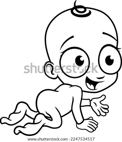 A cute cartoon teething baby happily sitting and eating baby food from his or her bowl and smiling