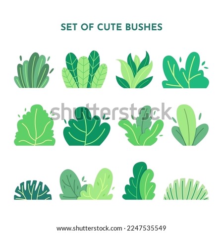 Set of cute cartoon bushes in flat style design, decorative floral landscape, environment nature illustration