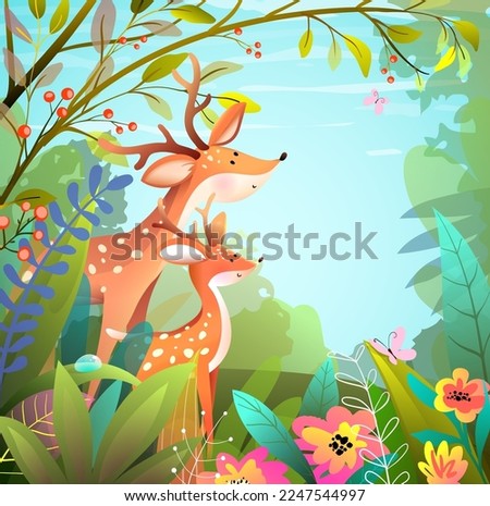 Cute deer or stag animals in the forest, mother and child in the woods. Children illustration with mama deer and her baby in the wild. Fantasy vector drawing in watercolor style for kids.