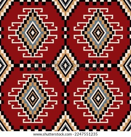 Colorful ethnic geometric square pattern. Vector aztec Kilim geometric diamond shape in square pattern on red color background. Use for fabric, textile, home decoration elements, upholstery, wrapping.