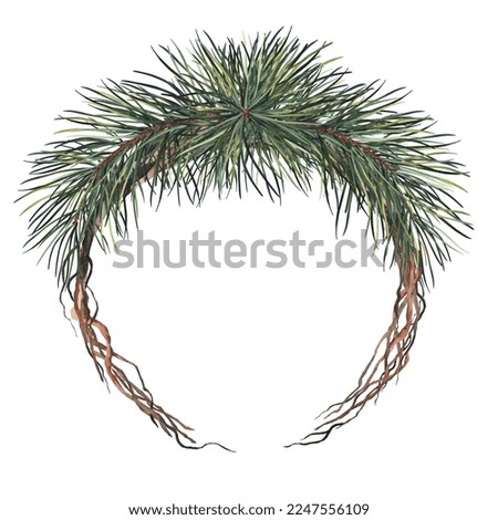 Christmas wreath with dry twigs and green pine branches. Watercolor illustration isolated on white background.