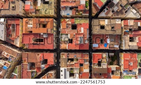 Aerial perpendicular view of the Quartieri Spagnoli (Spanish Neighborhoods), a part of the city of Naples in Italy. This district is located in the historic center of the city. Royalty-Free Stock Photo #2247561753