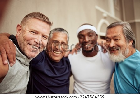 Senior men, fitness and smile portrait outdoor together for exercise motivation, retirement health support and diversity on training workout. Elderly athletes, happiness and sports friends wellness Royalty-Free Stock Photo #2247564359