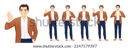 Young business man in casual clothes different poses set. Various gestures - greeting, showing ok sign, thumbs up isolated vector illustration Royalty-Free Stock Photo #2247579397