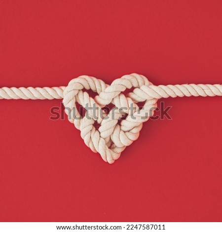 Rope in heart shape knot on red background.
Minimal Valentines or love concept. Flat lay. Royalty-Free Stock Photo #2247587011