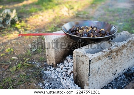 Chestnuts roasted on the fire in the open air field. Harvest of autumn nuts roasting in the pan.