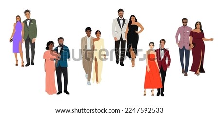 Diverse of multiracial and multinational couples wearing evening formal outfits for celebration, wedding, event, party. Happy men and women in gorgeous clothes vector realistic illustration isolated. Royalty-Free Stock Photo #2247592533