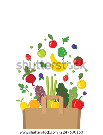 Vector illustration of brown paper bag with fresh organic produce vegetables fruits berries. Healthy diet  whole unprocessed food gut health concept Royalty-Free Stock Photo #2247600153