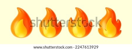 3d fire flame icons set isolated on light background. Render sprite of fire emoji, energy and power concept. 3d cartoon simple vector illustration