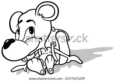 Drawing of a Mouse with a School Bag on its Back Sitting on the Ground - Cartoon Illustration Isolated on White Background, Vector
