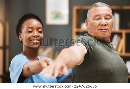 Patient stretching, physiotherapist black woman and physical therapy help for muscle or arthritis exercise in consulting exam. Physiotherapy, chiropractor and healthcare rehabilitation support of man Royalty-Free Stock Photo #2247625655