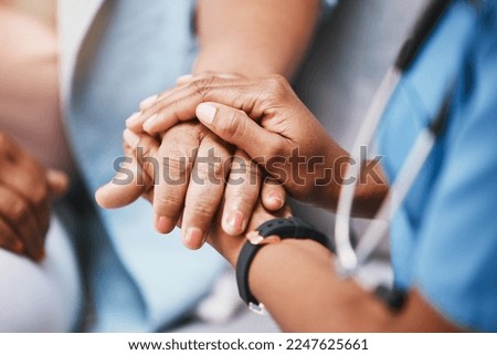 Empathy, trust and nurse holding hands with patient for help, consulting support and healthcare advice. Kindness, counseling and medical therapy in nursing home for hope, consultation and psychology Royalty-Free Stock Photo #2247625661