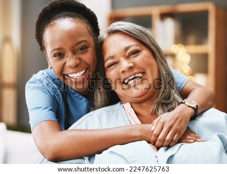 Senior care, hug and portrait of nurse with patient for medical help, healthcare or physiotherapy. Charity, volunteer caregiver and face of black woman at nursing home for disability rehabilitation Royalty-Free Stock Photo #2247625763