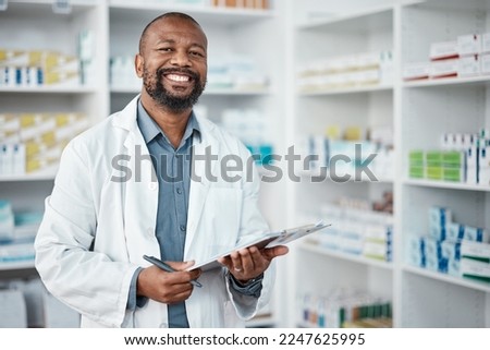 Pharmacy, portrait and black man with clipboard, medicine and pill prescription. African American male, pharmacist and medical professional writing, make notes for stock and inventory for healthcare. Royalty-Free Stock Photo #2247625995