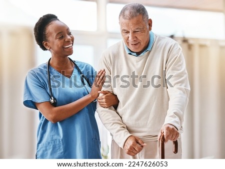 Help, support and medical with nurse and old man and cane for retirement, rehabilitation or healing. Empathy, physical therapy and healthcare with patient and walking stick in caregiver nursing home Royalty-Free Stock Photo #2247626053