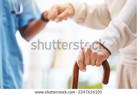 Walking stick, nurse and hands helping patient, support and therapy of disability, parkinson or arthritis. Cane, disabled old man and physiotherapy in nursing home, elderly healthcare or osteoporosis Royalty-Free Stock Photo #2247626105