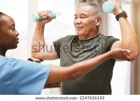 Medical, training and physiotherapy with dumbbell and old man with nurse for rehabilitation, support and retirement. Healthcare, help and physical therapy with patient and black woman in nursing home Royalty-Free Stock Photo #2247626143