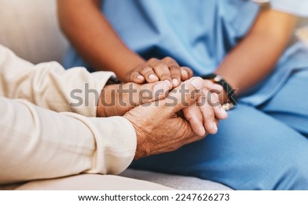 Nurse, patient and holding hands in nursing home for healthcare, empathy and support in depression, anxiety and psychology. Medical counseling, therapy and caregiver with hope, advice and counseling Royalty-Free Stock Photo #2247626273