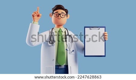 3d render, cartoon character doctor wears glasses shows finger up holds blank clipboard. Medical clip art isolated on blue background. Health insurance concept. Best choice or recommendation metaphor