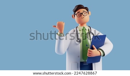 3d render, cartoon character smart trustworthy doctor wears glasses and holds blue clipboard. Professional caucasian male specialist. Medical clip art isolated on blue background. Hospital assistant