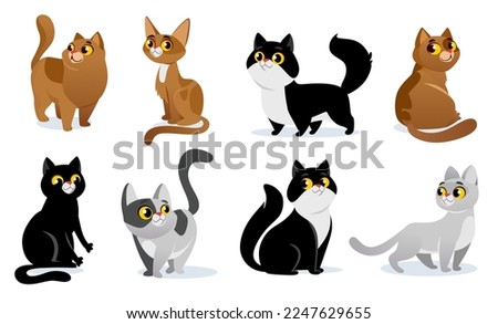 Cute kittens set isolated on white background. Vector collection of adorable cat breeds in cartoon style: British, Persian, siamese, sphynx. Amusing kitties in different poses with happy faces.