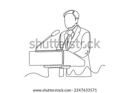 Continuous one line drawing The president stands behind the rostrum and gives a speech at Global Forum. Single line draw design vector graphic illustration. Royalty-Free Stock Photo #2247633571