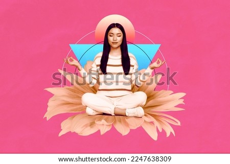 Creative collage portrait of peaceful mini small girl sitting flower meditate isolated on pink drawing background