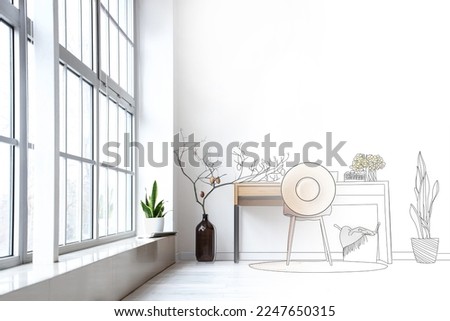 New minimalist interior of light room with big windows, table and Easter decor