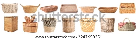 Set of stylish rattan baskets on white background Royalty-Free Stock Photo #2247650351