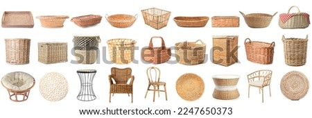 Collage of stylish rattan baskets and furniture on white background Royalty-Free Stock Photo #2247650373