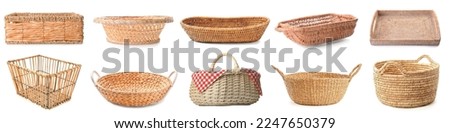 Collage of stylish rattan baskets on white background Royalty-Free Stock Photo #2247650379