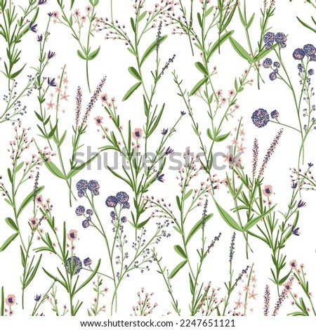 Floral seamless pattern. Trendy blossom colorful vector texture. Blooming botanical motifs scattered random. Fashion, ditsy print. Hand drawn different color wild meadow flowers on white background
