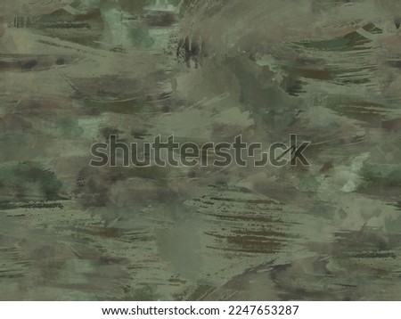 Woodland camouflage seamless background. Watercolor brush strokes effect. Natural colors: brown, black, olive green.              