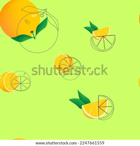 Orange pattern of a whole orange and segments on a green background. Vector illustration.