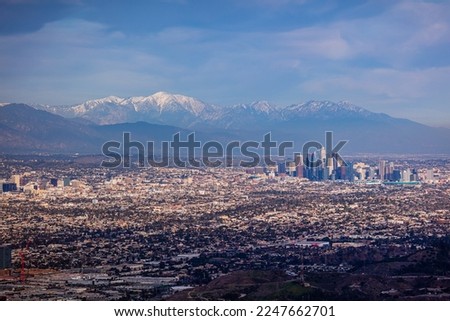 Wide Downtown Los Angeles Snow Peaked Mountains Aerial Photography